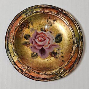 Antique Goofus Glass Dish With Rose Hand Painted Motif Reverse Painted Gold